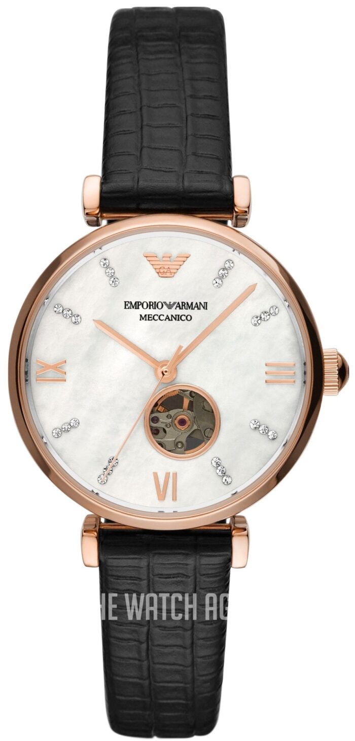 Emporio Armani Gianni T Bar Mother of Pearl White Dial Black Leather Strap Watch For Women - AR60047 - Image 2